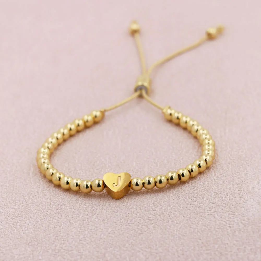 2024 New Fashion A-Z Initial Letter Heart Charms  Pave Zirconia Gold Color Adjustable Bangle  Bracelet For Women Jewelry Gift