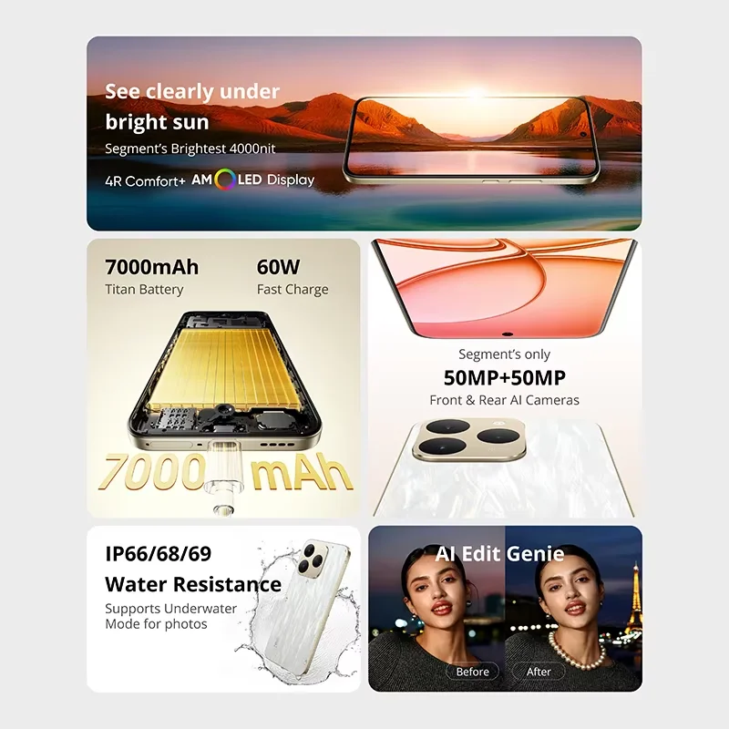 Russian Version realme 15T 5G Smartphone 7000mAh Battery 60W Charge 50MP Front & Rear Cameras 6.57" 4000nit AMOLED Display NFC