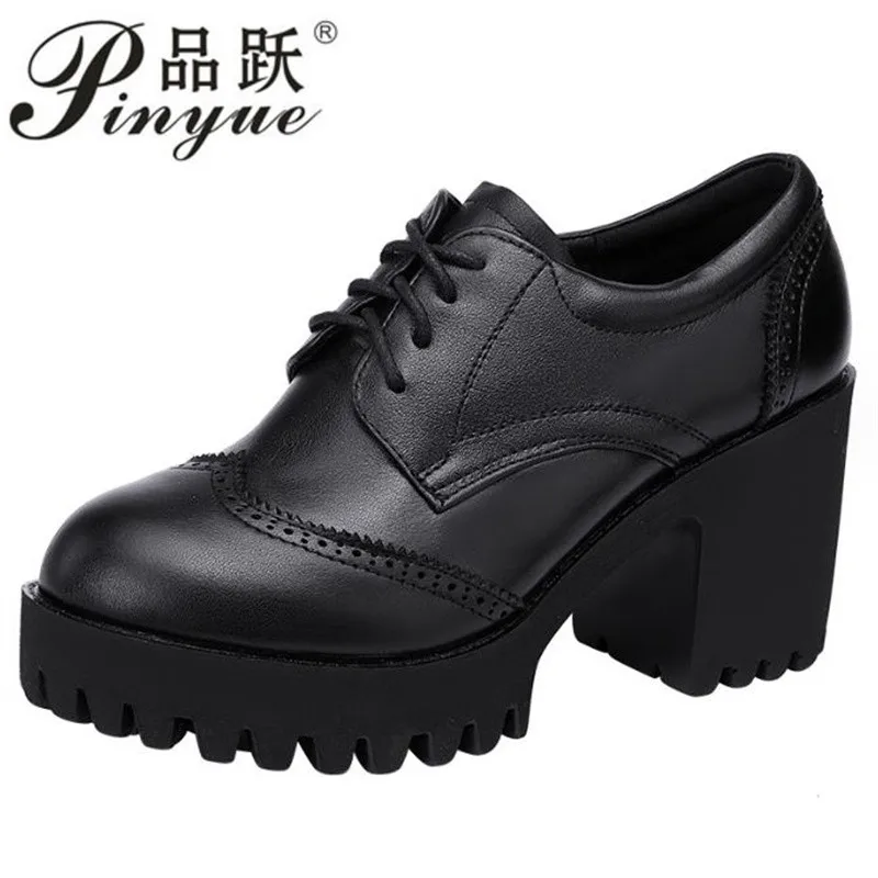 8cm women Work shoes with Thick High Heel pumps Round Toe Platform Microfiber leather lace up Casual Shoes Size 32-43