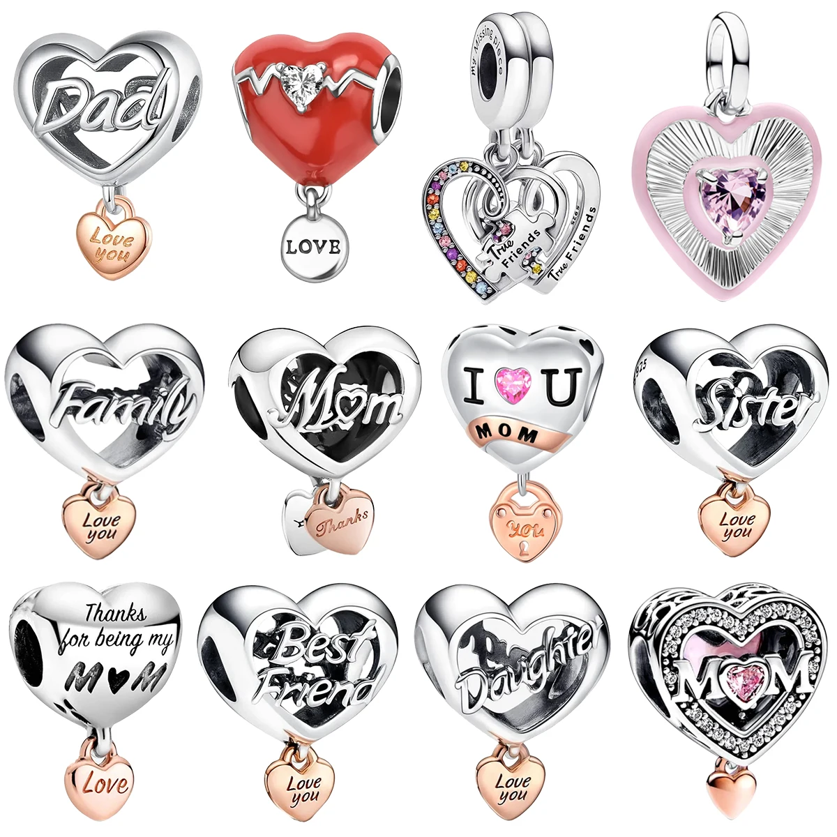 

925 Sterling Silver Family Heart Alloy Charms Mom Dad Sister Daughter Friendship Hollowed Pendent Beads Bracelet Jewelry Gift