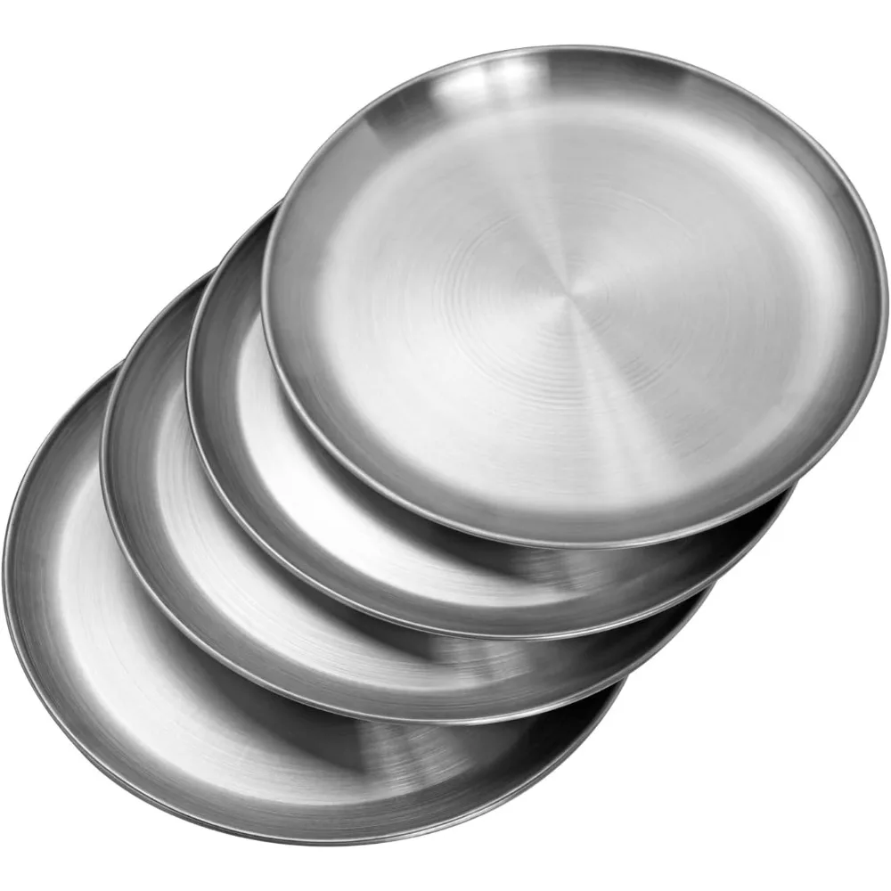 

Stainless Steel Plates 10 inch Metal Lightweight Unbreakable Dinner Dishes Plates Set Non-Toxin Dishwasher Safe BPA Free and Healthy (4 Pcs)