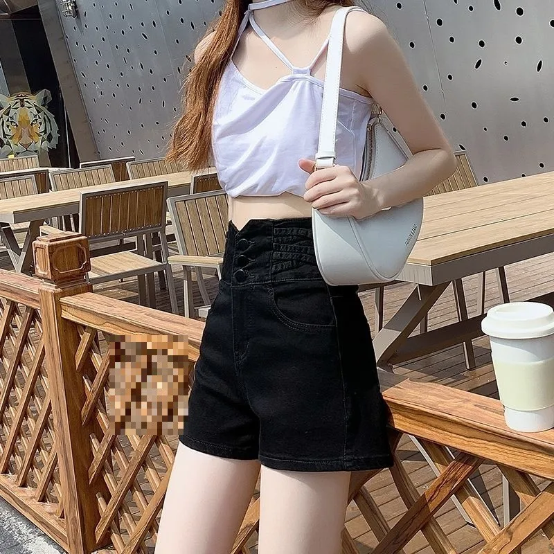 

Летние женские джинсовые шорты с высокой талией, облегающие, А-силуэт, широкие штанины, на одной пуговице, черные, повседневные, из плотной хлопковой ткани