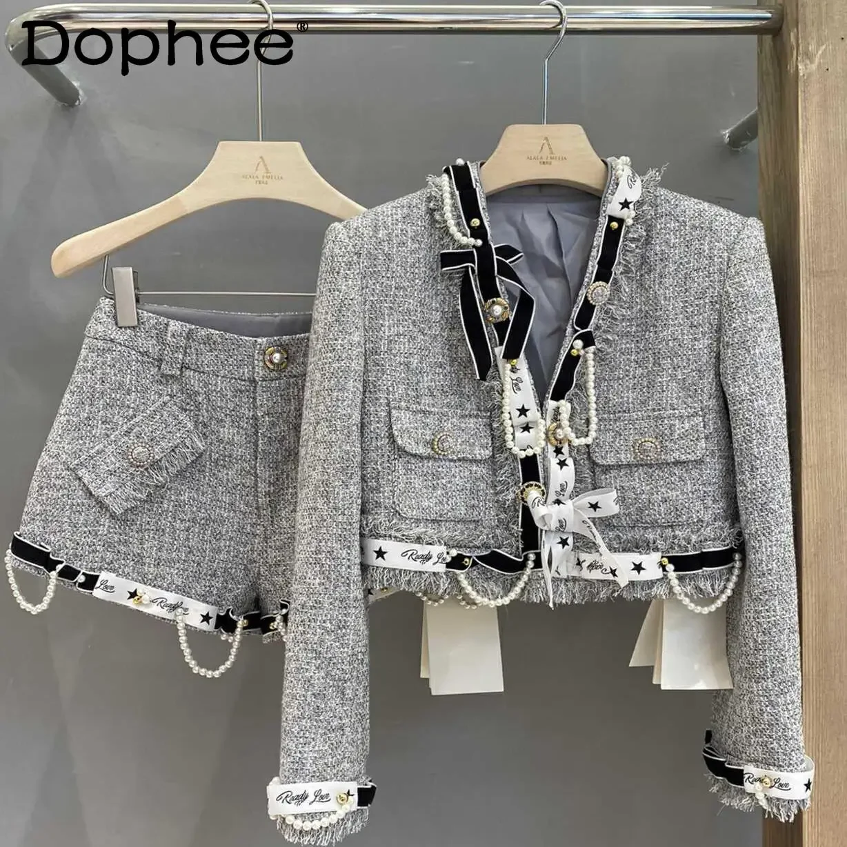 Grey Korean Webbing Pearl Tweed Short Coat + High Waist Shorts Two-piece Set Women Outfits Autumn and Winter 2024 New Short Sets