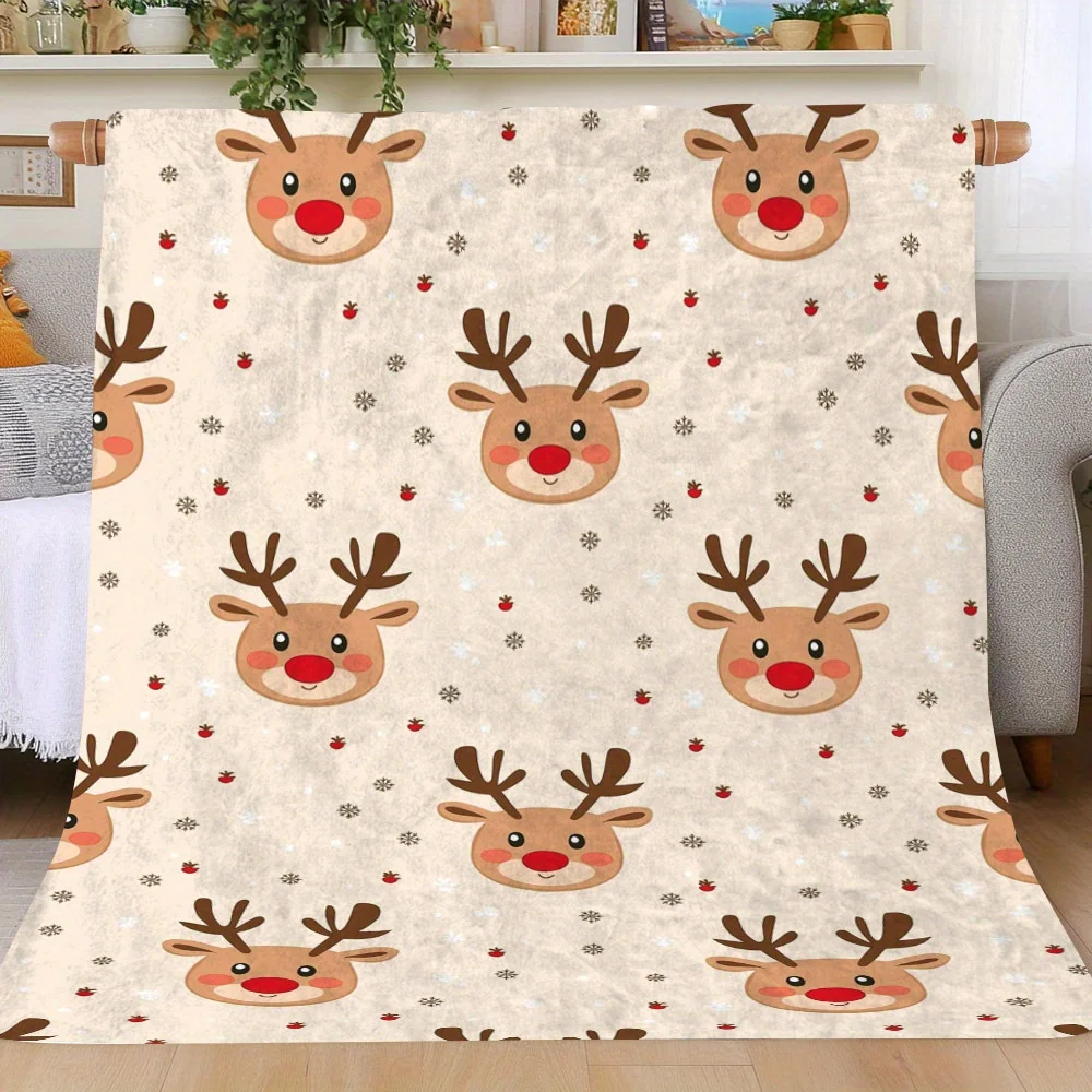 Cozy Christmas Reindeer Print Fleece Blanket - Soft, Warm & Lightweight All-Season Polyester Throw with Festive Reindeer & Snowf