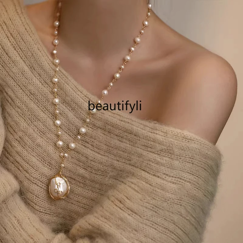 

French long pearl sweater chain women's high-end spring and summer necklace light luxury design neck chain