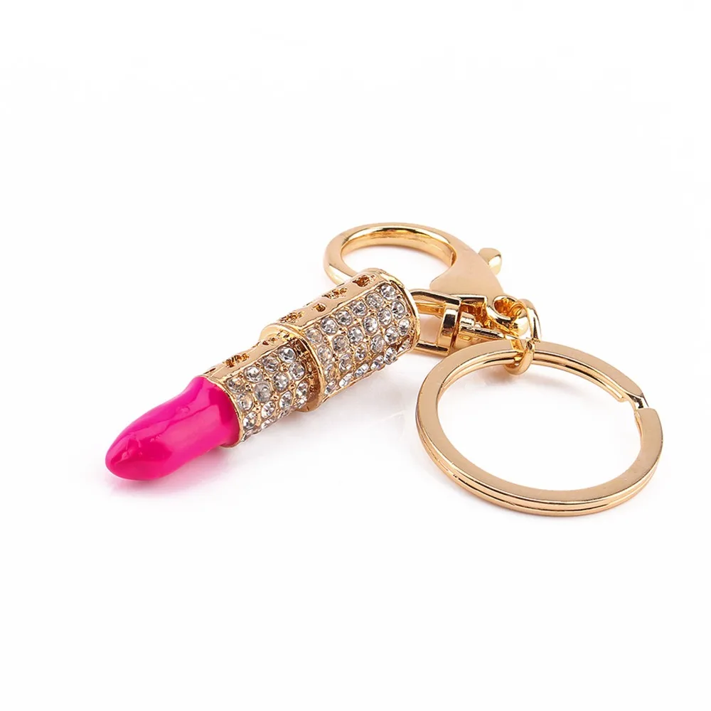 Key Chain Rhinestone Decoration Lipstick Keyring Pink Lipstick Makeup Keyring Elegant Rhinestone Keychain Handbags Accessory