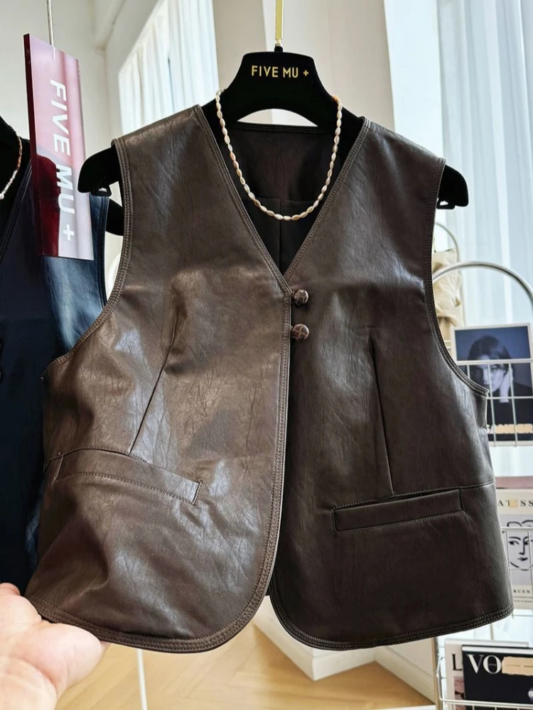 Spring Autumn Old-School Vintage Tops High-End Sleeveless Cardigan Leather Jackets PU Leather Vests Tank Tops Outerwear Women