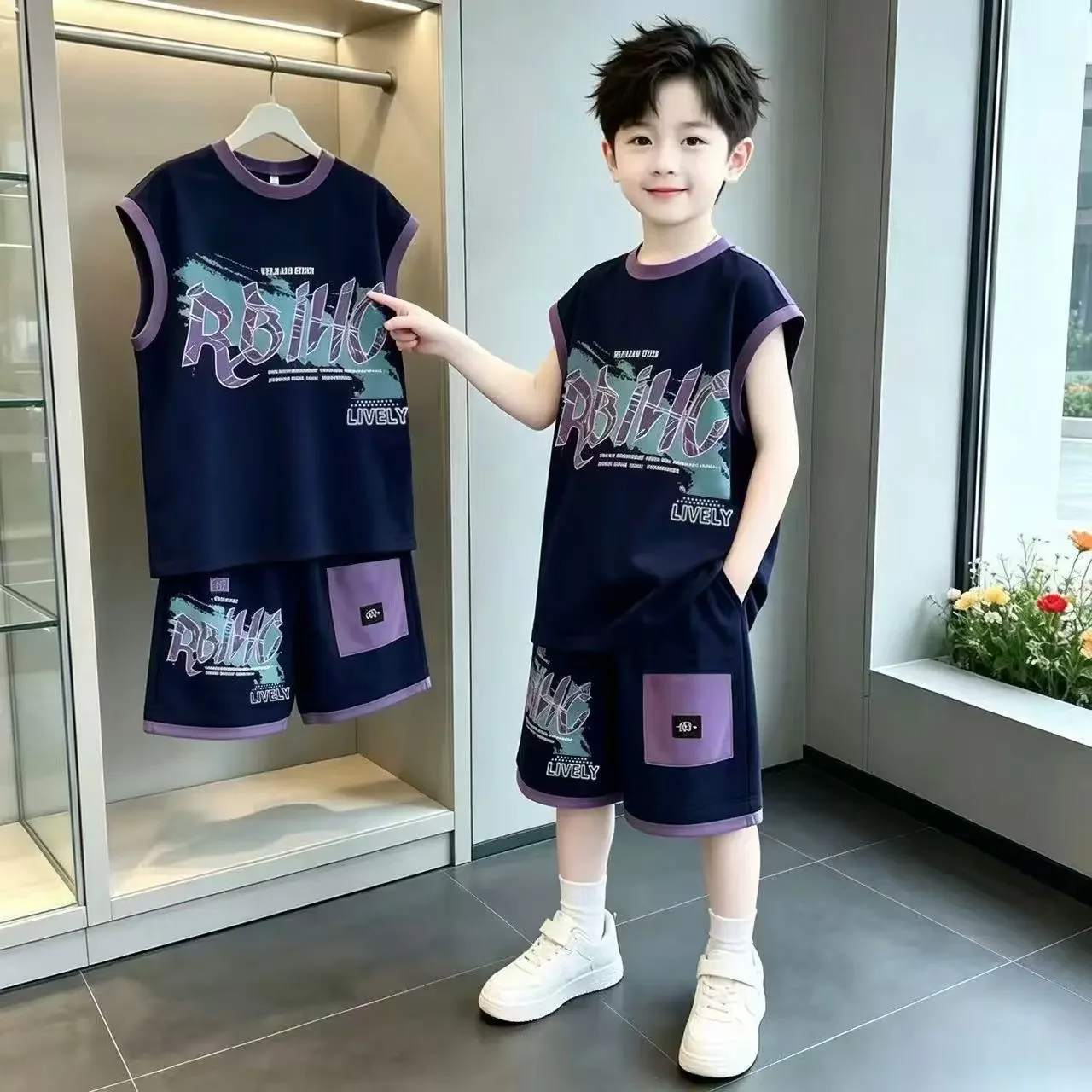 6548 Boys Summer 2-Piece Set Casual Sports Wear Printed T-Shirt Sleeveless Tank Top Shorts Trendy Basketball Outfit