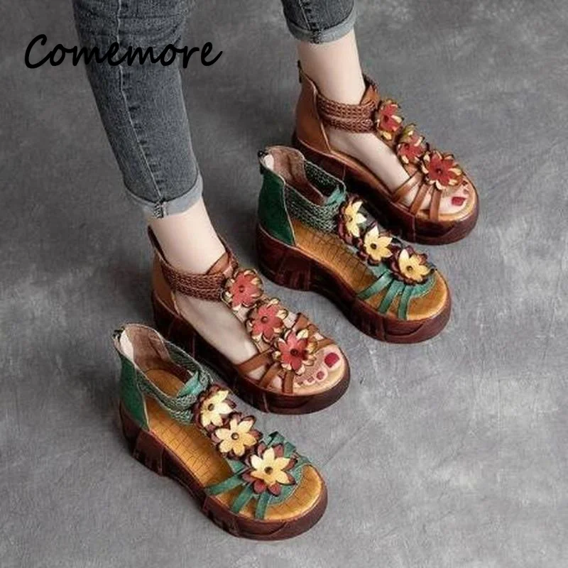 Comemore Retro 2023 New Genuine PU Leather Summer Platform Wedges Shoes Sandal Women Leather Gladiator Women High-heeled Sandals