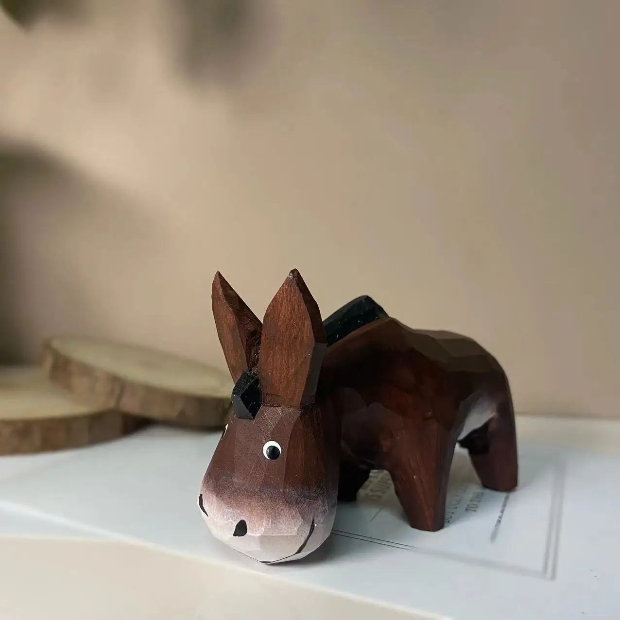 Hand-carved wooden cute little donkey, stress-relieving office decoration, cartoon and lovely style