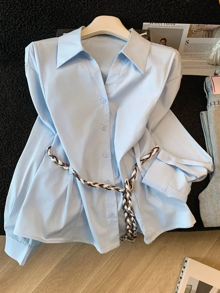 

Женская повседневная свободная рубашка с длинным рукавом и поясом, весна 2026, новые широкие брюки, модная женская одежда