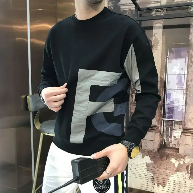 Sweatshirt Round Neck Black Fashion Male Pullover Trends 2024 Men's T-shirts Aesthetic Streetwear One Piece Sale Elasticity Tee