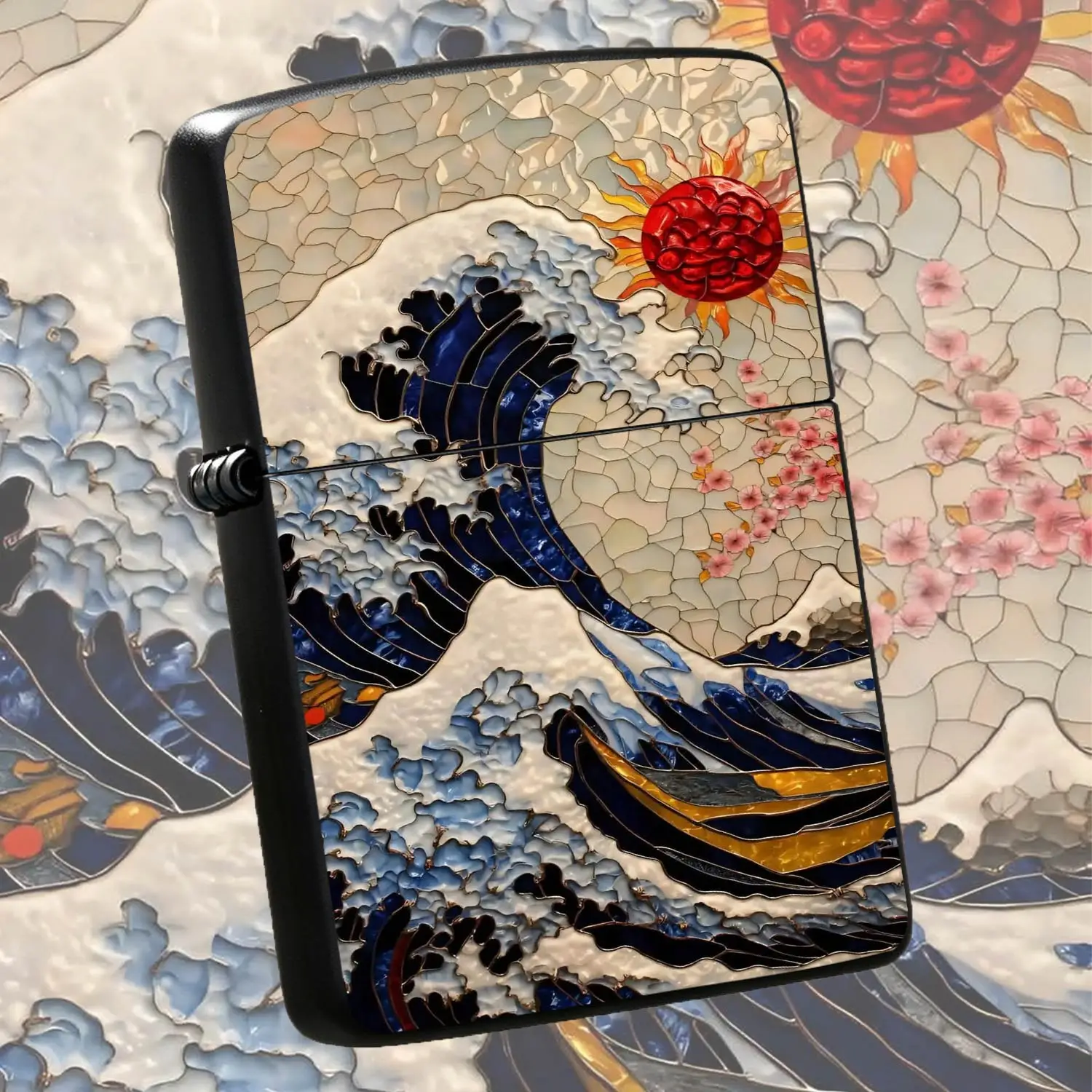 Vintage Stained Glass Style Hokusai Great Wave Pattern Lighter, Exquisite Inlaid Sun Cherry Blossom Themed Portable Igniter, Ideal For Daily Use Gifting, Multipurpose For Candle Incense Camping Scenes, Aesthetic Decorative Practical Tool A