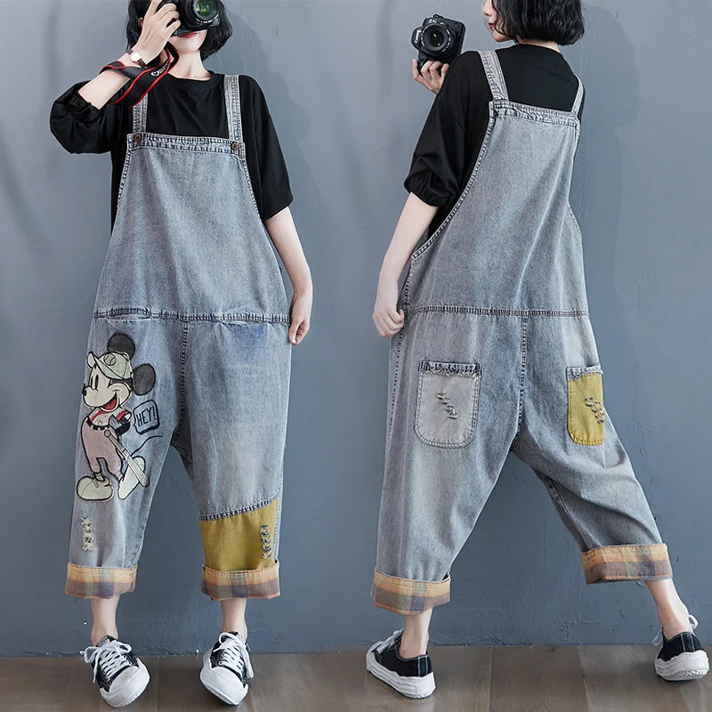 

Spring Autumn Loose plus Size Women's Denim Overalls Slimming Print High Waist Nine Points Jeans Casual Faion plus Size