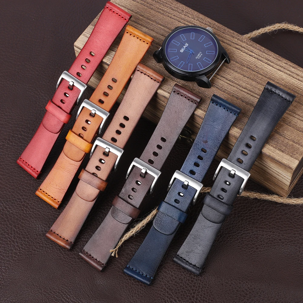 

24mm Vintage Genuine Leather Watchband Black Coffee Brown Women Men Watch Band Strap Stainless Steel Buckle Watches Accessories​