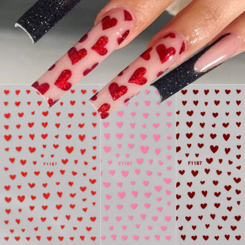 ملصقات أظافر لامعة لعيد الحب مختلطة باللون الأحمر والوردي على شكل قلب الحب، شارات لاصقة لطيفة على شكل قلب صغير لإكسسوارات ديكور الأظافر