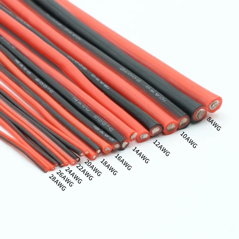 1/2/5M Copper Wire Silicone Rubber Cable Soft 30 28 26 24 22 20 18 16 14 12 10 8 AWG 2Pins Flexible DIY LED Connector Black Red