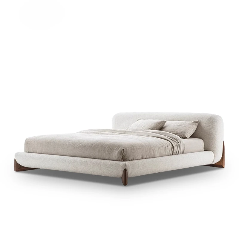 Wabi Sabi antique style, master bedroom double bed, high-end atmosphere, lamb wool fabric floor-to-ceiling bed, walnut color