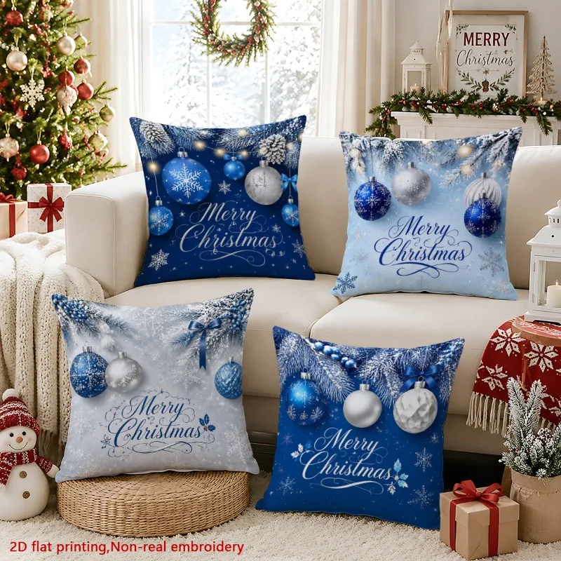 4pcs Christmas Themed Pillow Cover Set, Blue and Silvery Light Luxury Style with Christmas Ornaments, Snowflakes