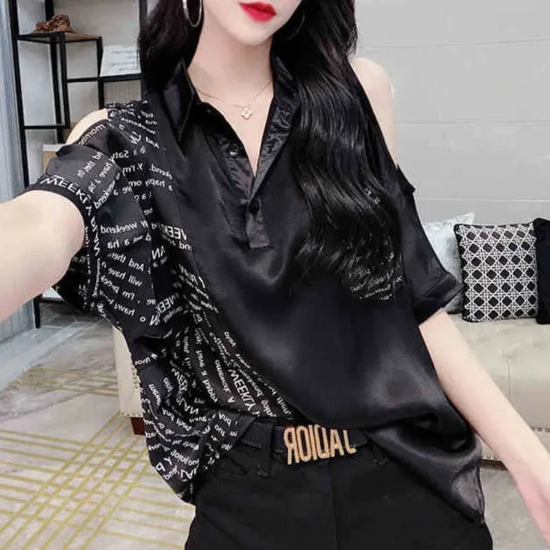 Dames elegant off-shoulder zomer nieuwe turn-down kraag blouse casual luipaard patchwork shirt streetwear stijlvolle zakken knop