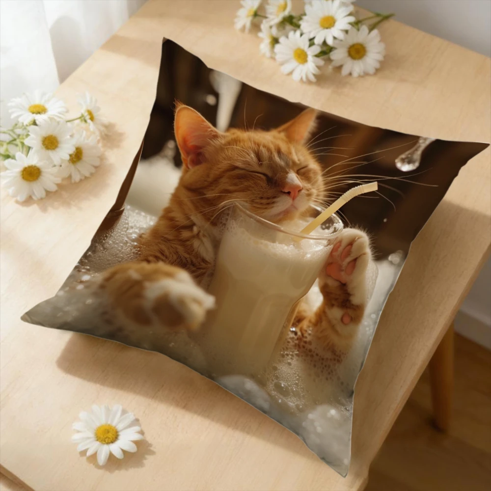 1pc Orange Cat Drinking Milk Cushion Cover Brown Animal Print Pillowcase for Sofa Bed Living Room