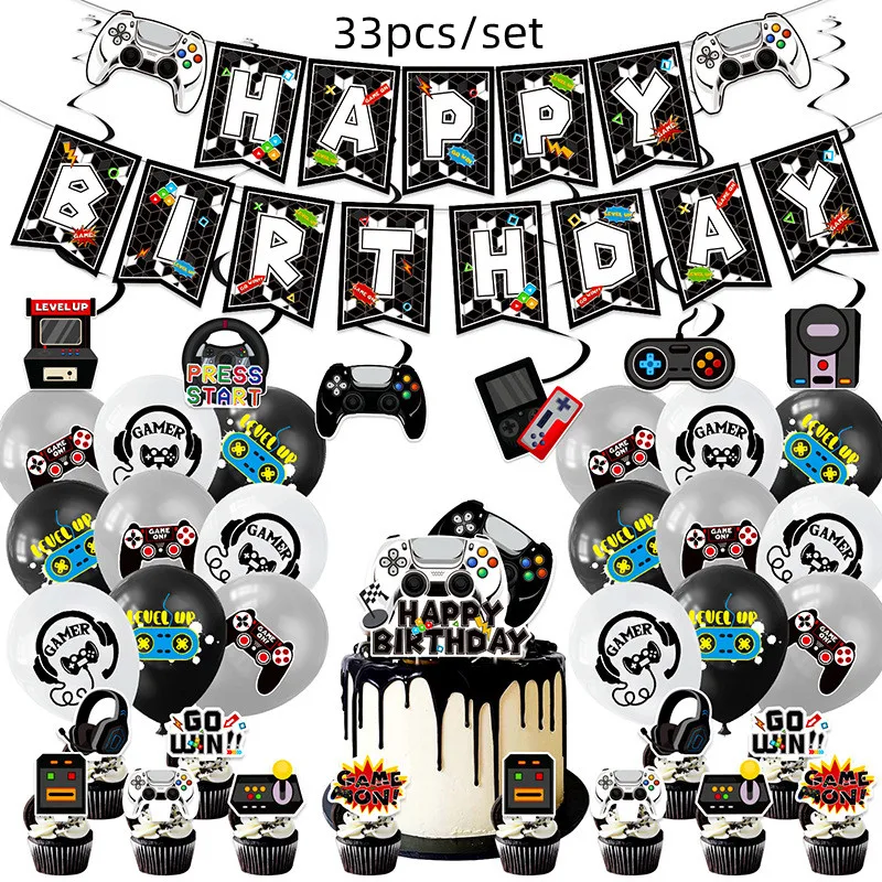 Videospiel Partyzubehör Set Geburtstagsdekorationen Alles Gute zum Geburtstag Gaming Hintergrund Spiel auf Tischdecken Gamer Banner Luftballons – Detail 9