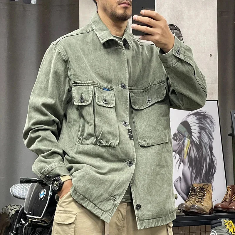 Men's spring and autumn vintage overalls shirt jacket casual loose cardigan