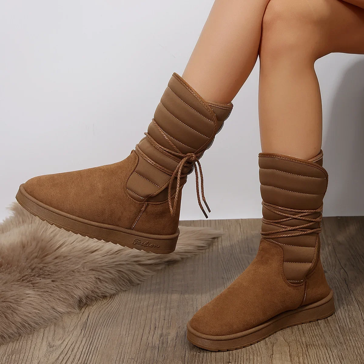 

Large Size Mid-calf Snow Boots Female 2024 Winter New Warm Ladies Cotton Platform Boots Lace-up Fur Water Proof Shoes for Women