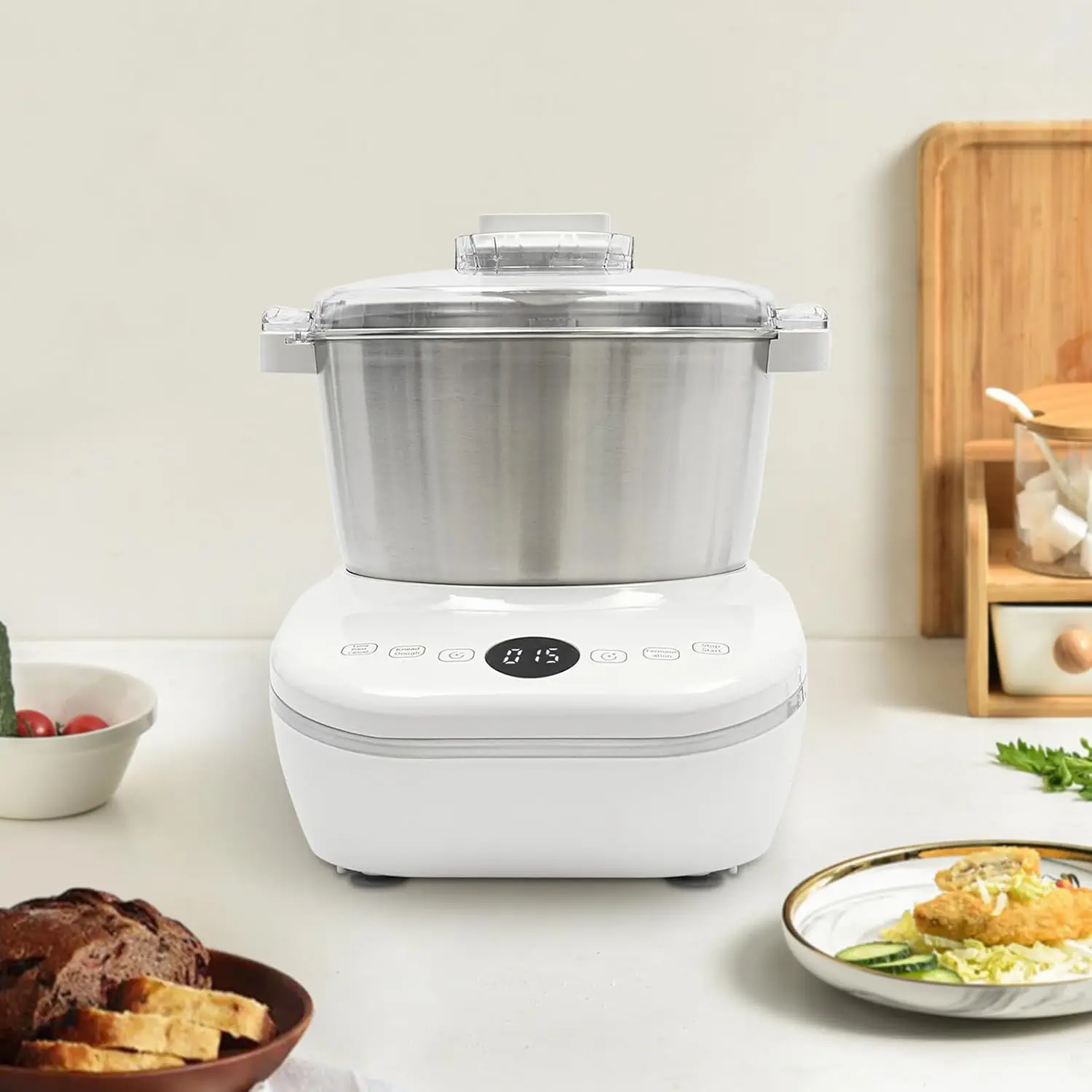 خلاط مطبخ كهربائي من الفولاذ المقاوم للصدأ سعة 5 لتر مع خلاط عجين ووظيفة التخمير للخبز المنزلي