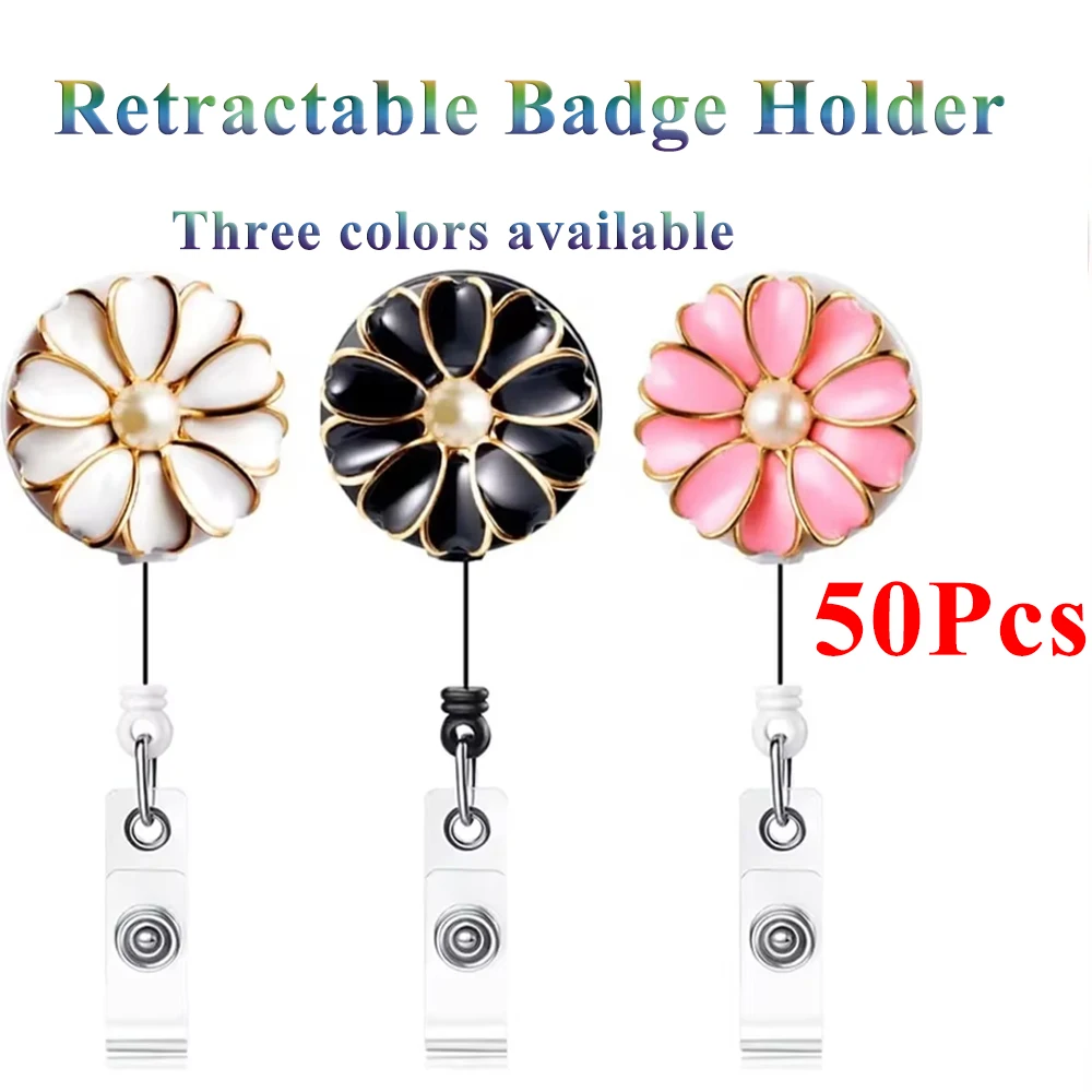 

50PCS Retractable Badge Holder with Alligator Clip 24 Inch Retractable Cord ID Badge Reel with Pearl for Card Keychain Holders