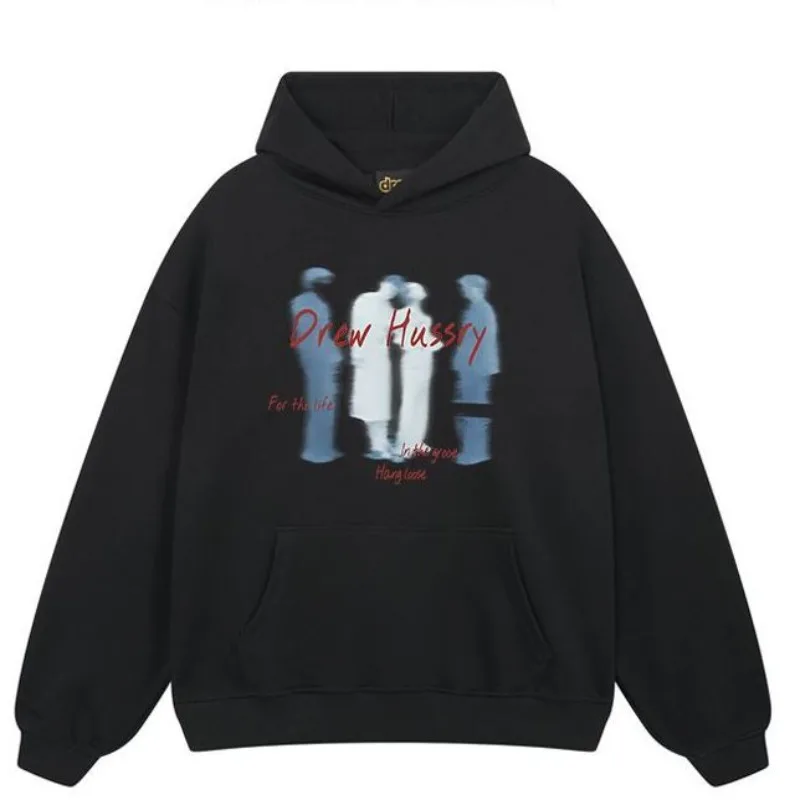 High Street Oversized Black Hoodie Abstract Shadow Retro Silhouette Graphic Print Y2K Streetwear Aesthetic Sweatshirt Hip Hop