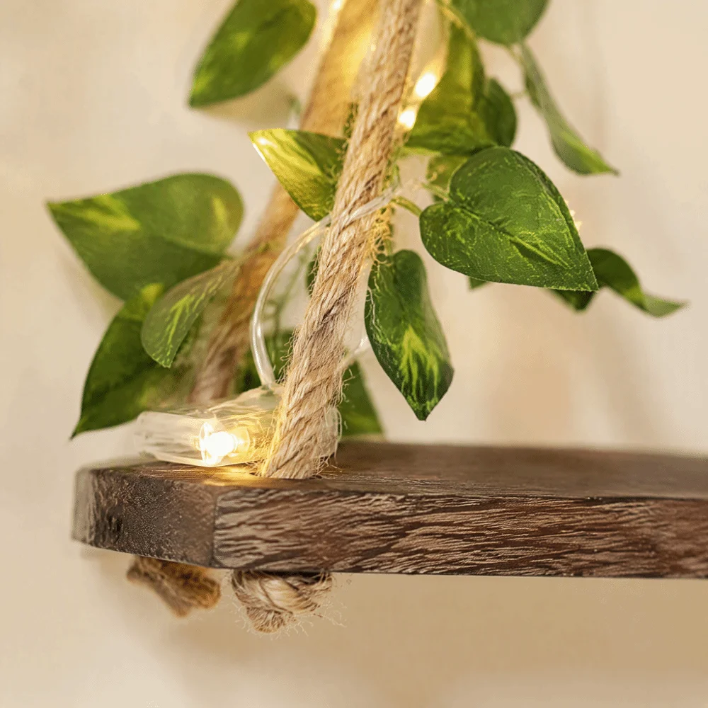 Nordic Artificial Ivy Floating Wall Shelf LED Light Wooden Wall Mounted Shelf Floating Hanging Plant Pot Tray Living Room