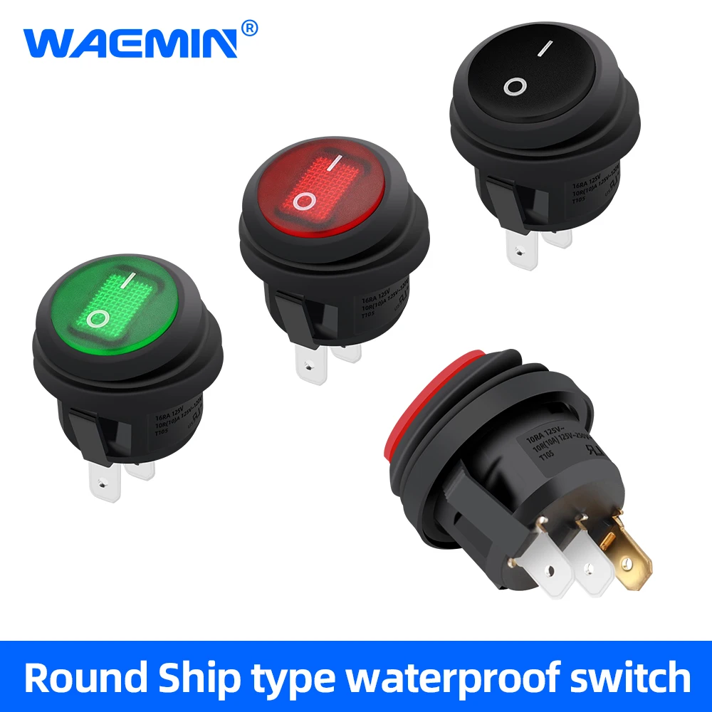 고전류 선박형 방수 스위치, 원형 20mm 홀, 2 핀, 3 핀, ON-OFF 적색 라이트 그린 조명 전원 스위치, 10A, 220V