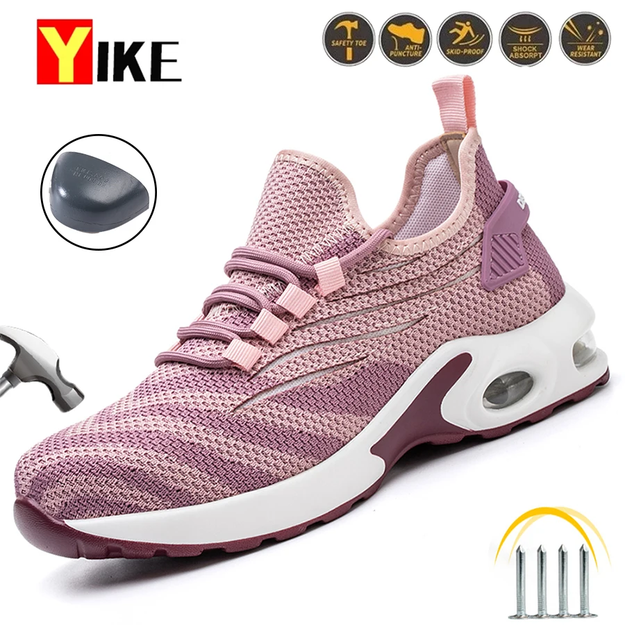 Fashion Women Safety Shoes Lightweight Comfortable Work Boots for Ladys Indestructible Anti-smashing Construction Sneakers Pink