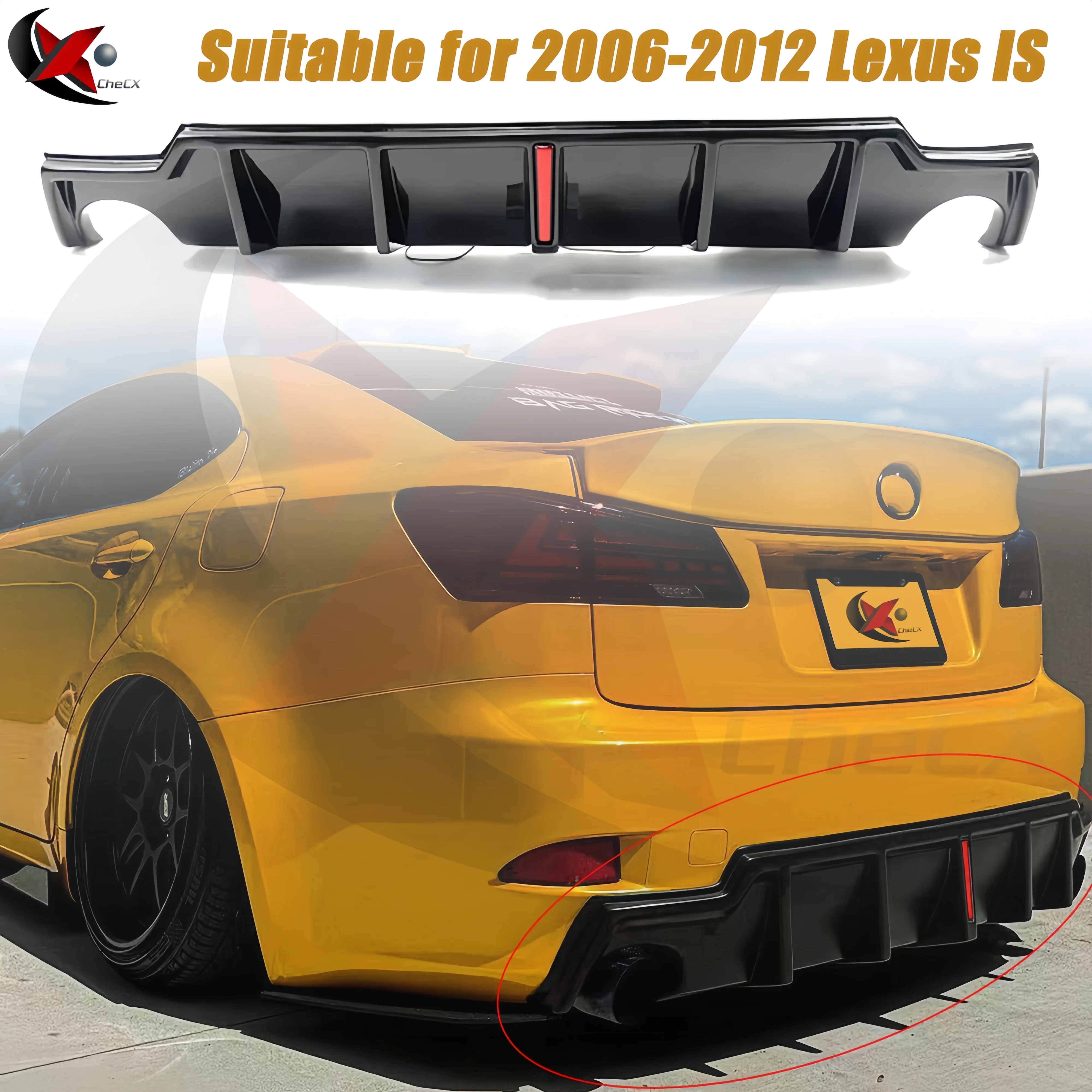 For Lexus IS IS250-350 2006-2012 Rear Spoiler Bright Black Carbon Fiber Appearance Bottom Diffuser with Indicator Light Body Kit