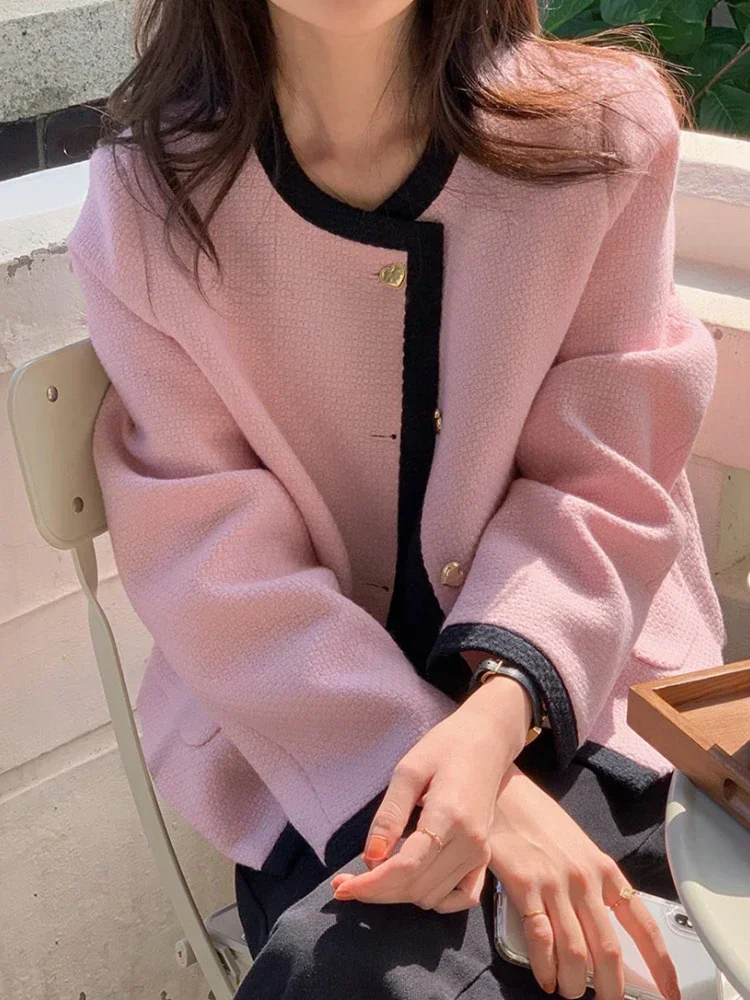 Women\'s Casual Black Outerwear, Korean Chic Female Overcoats, Elegant Single Loose Pink Coats, Spring and Autumn Jackets, 2024