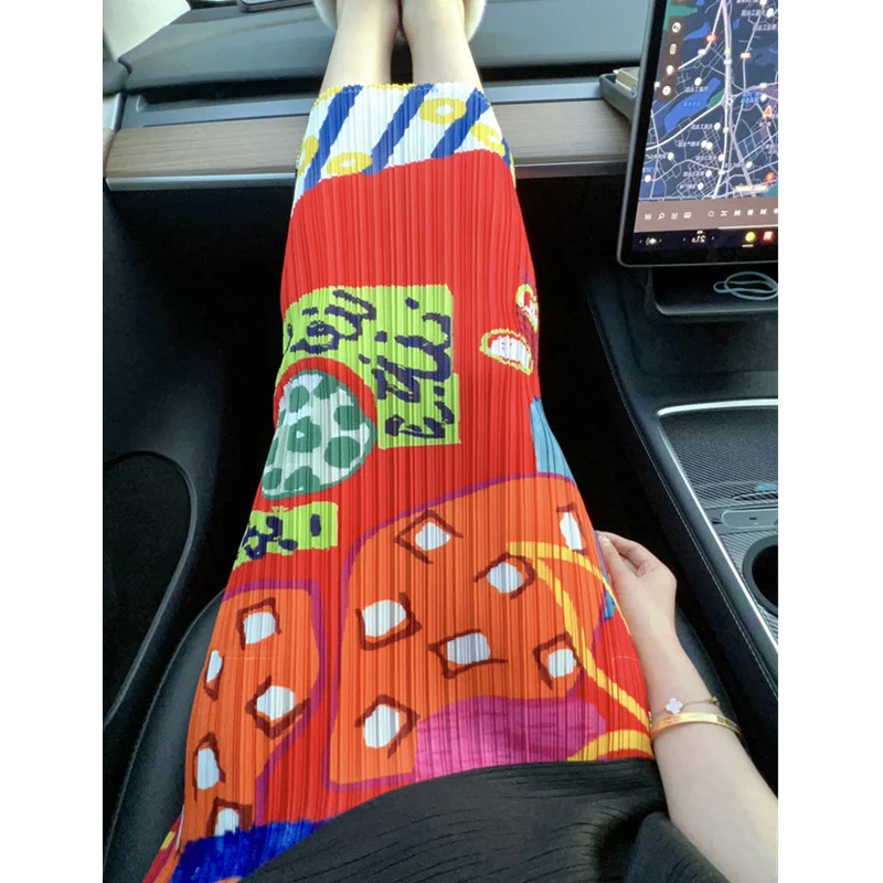 

Floral Print Geometric Pattern Pleated Skirt Korean Style Commute Straight Tube Loose Half-length Skirt Summer Mid-waist