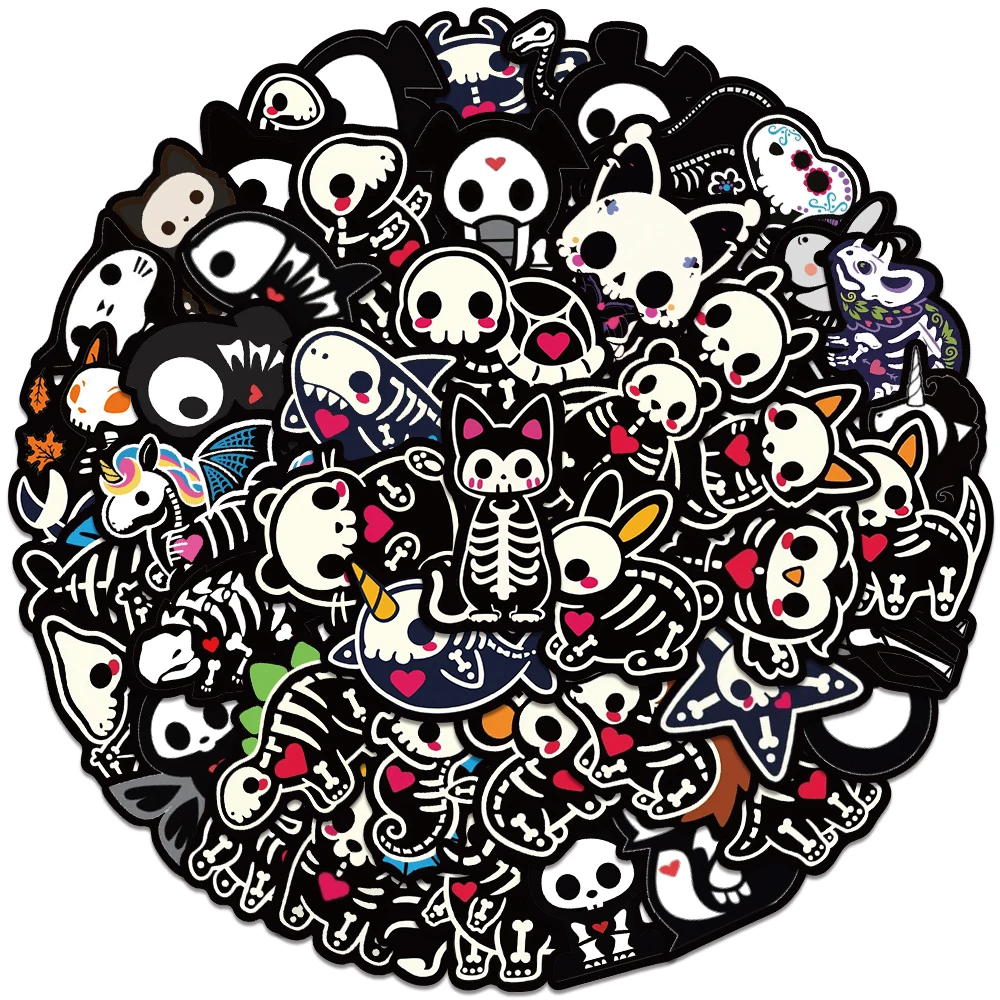 50pcs Black White Cartoon Animals Skeleton Skull Stickers Cute Horror Water Bottle Sticker Luggage Laptop Guitar Vinyl Decals