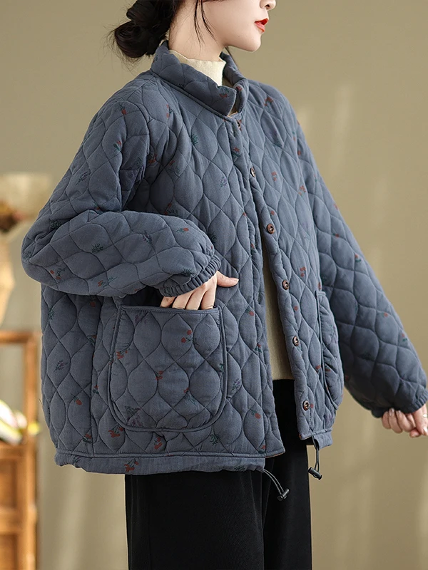 Jaket Wanita Katun Thiened Bergaya Retro Artistik, Motif Kasual Musim Dingin, Cocok Semua Musim, Kerah Tegak, Lengan Panjang, Kancing Tunggal