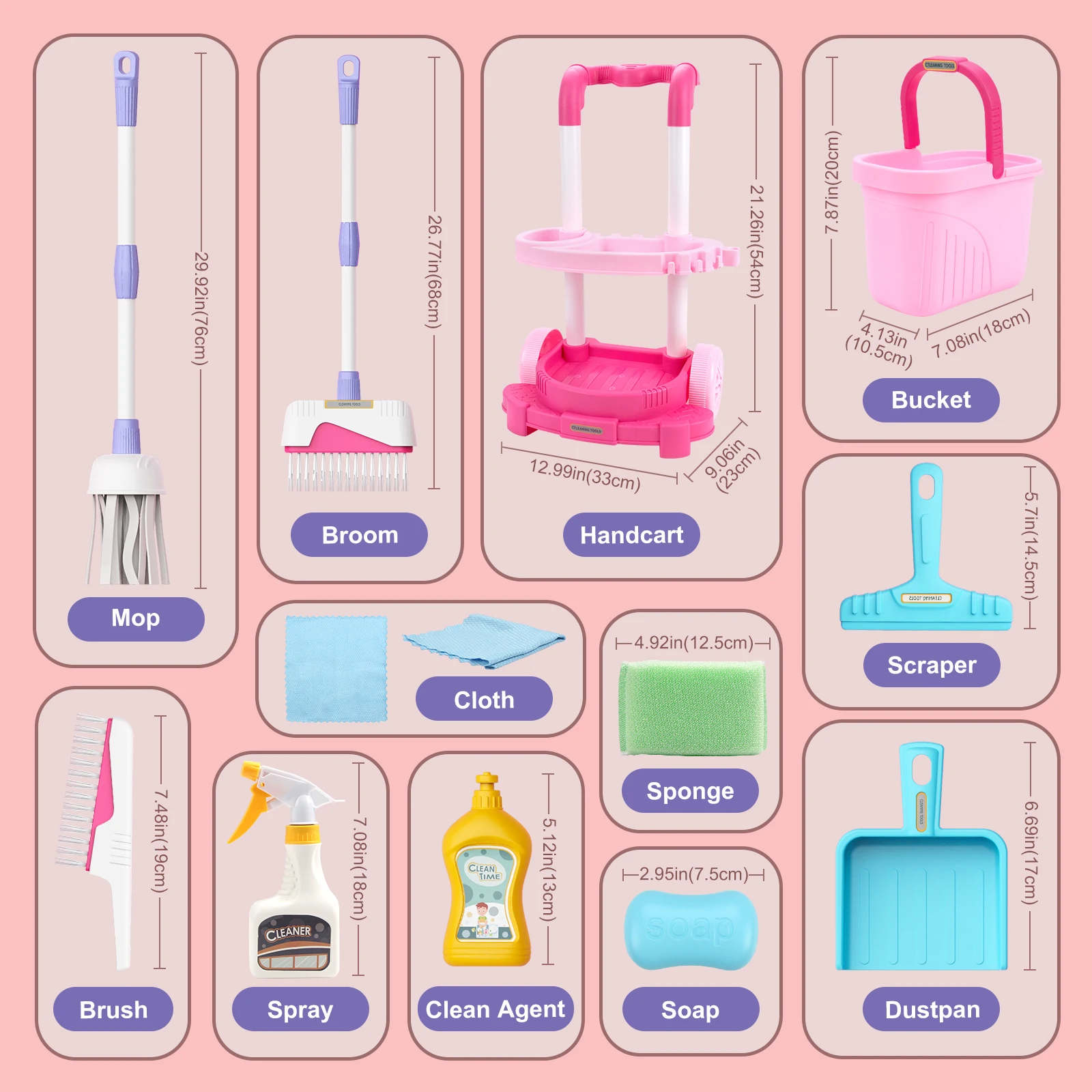 12 stks/set Kids cleaning Set met Handkar Gesimuleerde Leven Schoonmaken Speelgoed Fantasiespel Hygiëne Schoonmaken Speelhuis Speelgoed Jongens & Meisjes