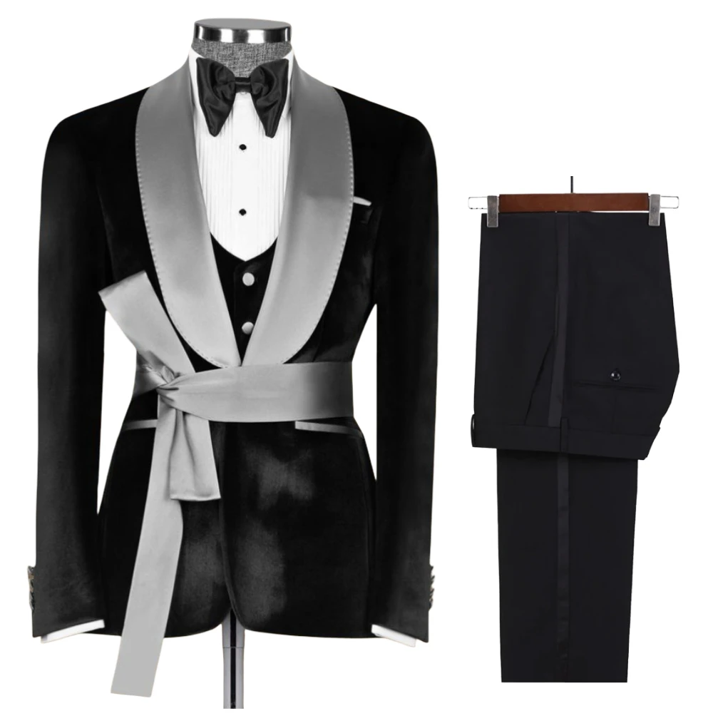 

Velvet Formal Men Suits for Wedding Prom Party 3 Pieces Slim Fit Groom Tuxedo Shawl Lapel Male Suit Jacket with Pants Vest
