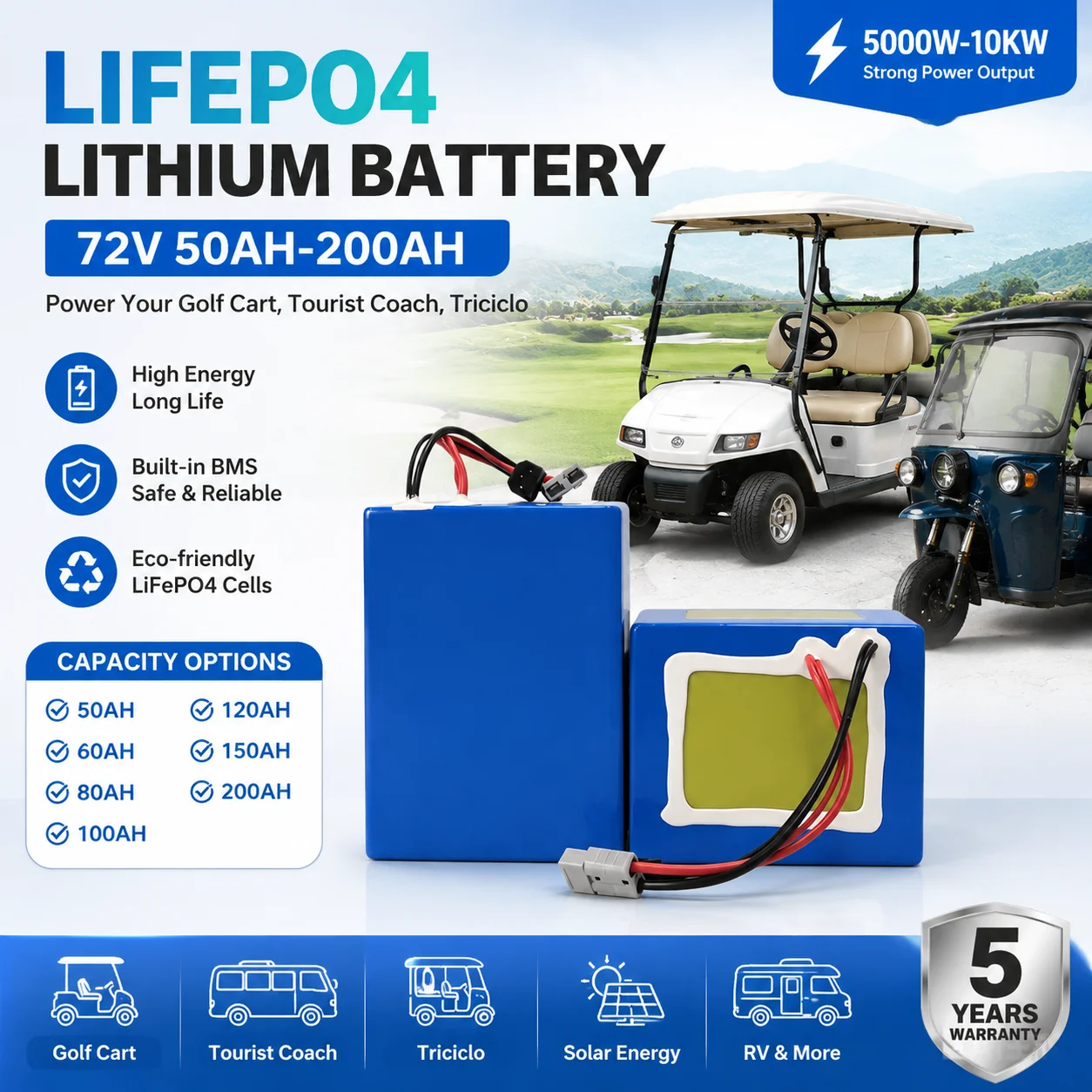 

Energy Monster72V 100AH 200AH 50Ah 60AH 80AH 120AH 150Ah LifePo4 Lithium Battery for 5000-10KW Golf Cart Tourist Coach triciclo