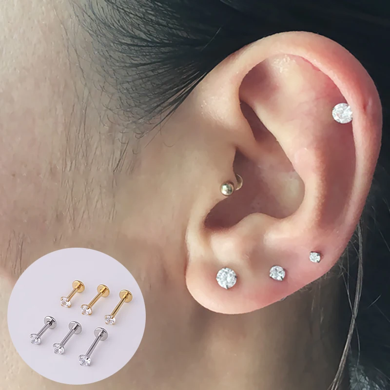 2PCS Stainless Steel Piercing Stud Crystal Labret Earrings