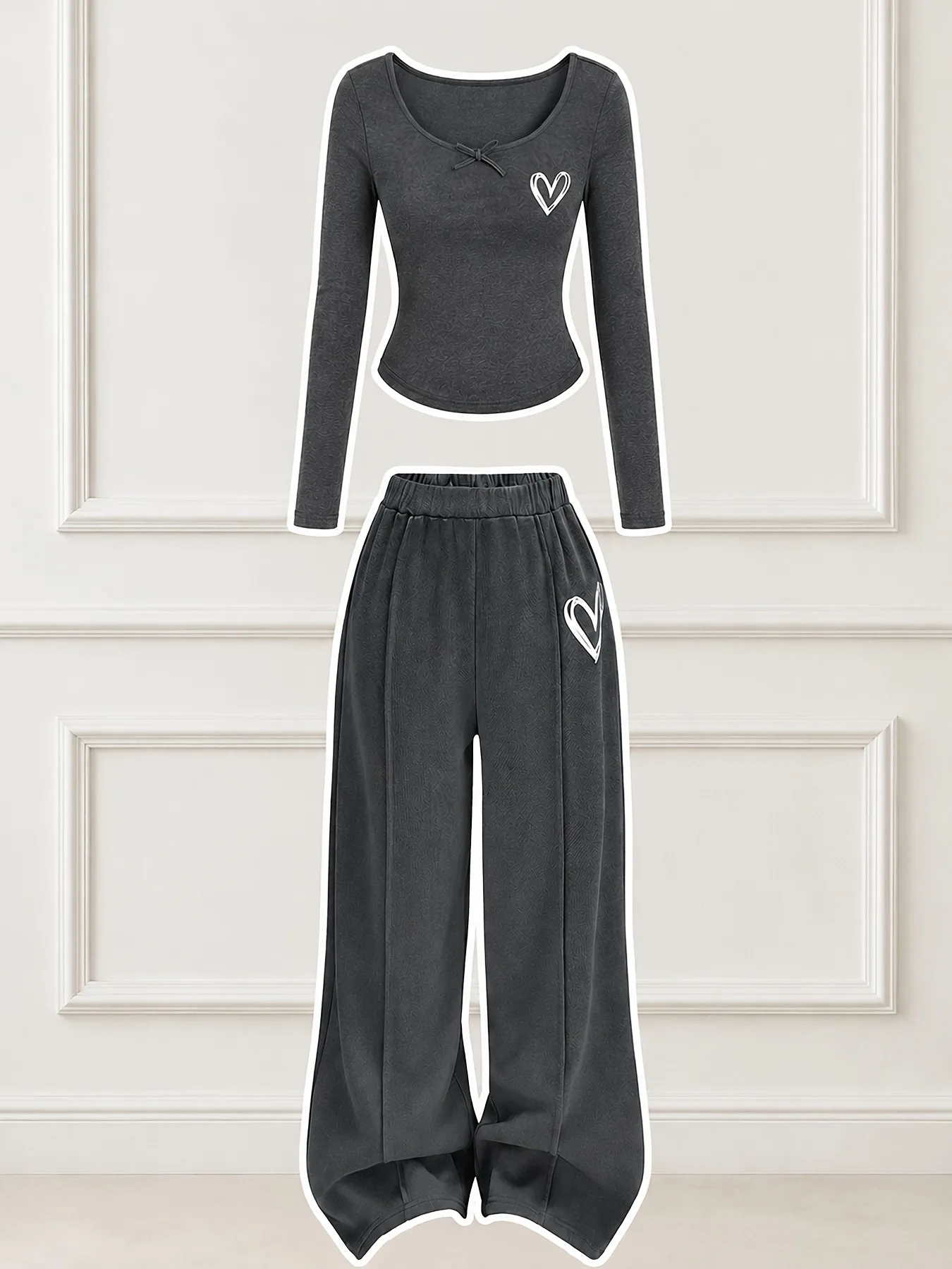 Kids Girls 2 Piece Daily Outfit Heart Graphic Bow Detail Fitted Top Elastic Waist Textured Wide Leg Trousers For School Outdoor