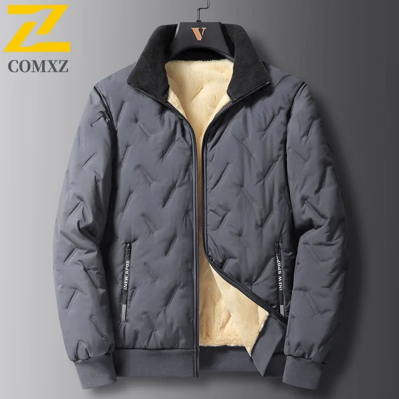 COMXZ 2025 Autumn Winter Sherpa Stand Collar Cotton Jacket Mens High Quality Thick Warm Fashion Coat Casual waterproof Outwear