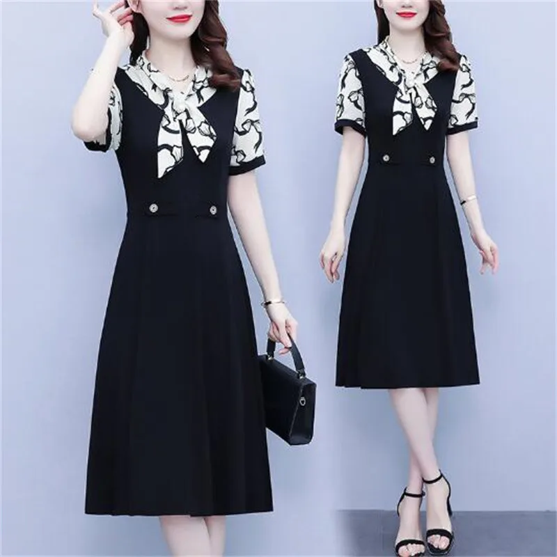 

High-end Bow-neck Print Spell Color Stitching Women Fashionable Dress 2023 Summer Short Sleeves Slim Temperament Dress for Women