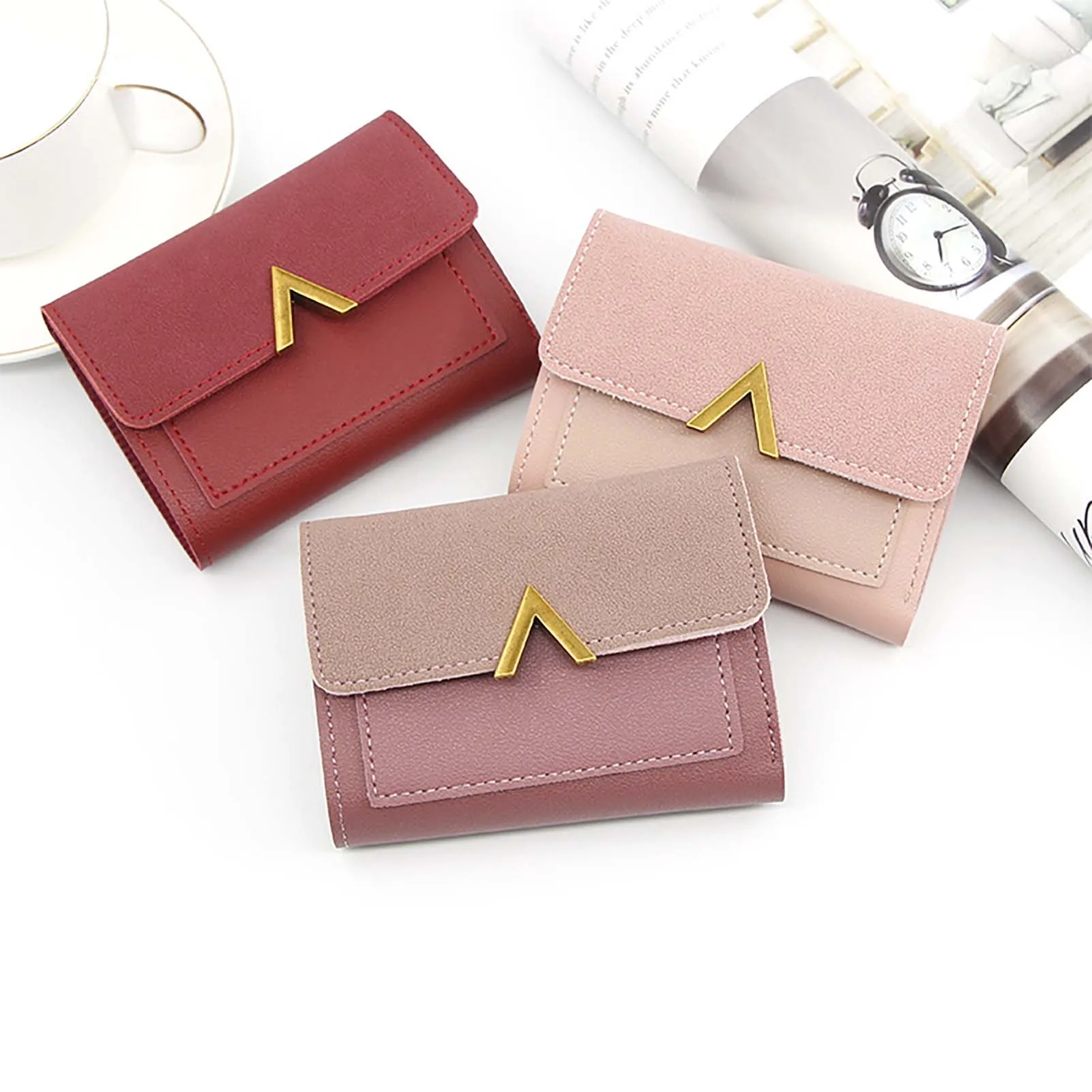 Small Wallet PU Leather Three Fold Card Holder Coin Purse for Women's Daily Use Minimalist Slim Compact ID Slot Pouch