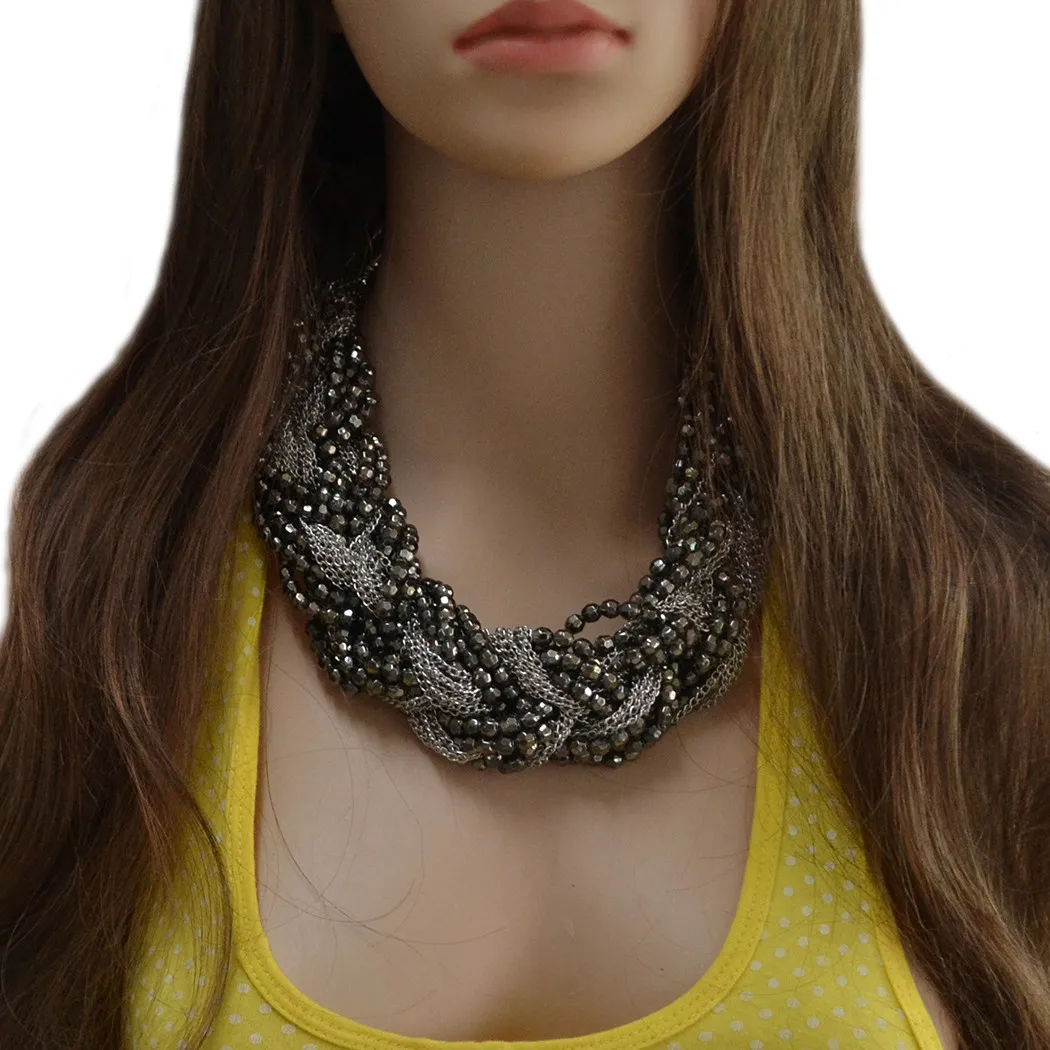 New Fashion Multi Layer Black Beaded Chains Handmade Craft Knit Choker Necklace Weave Wrap Jewelry Accessory Gift