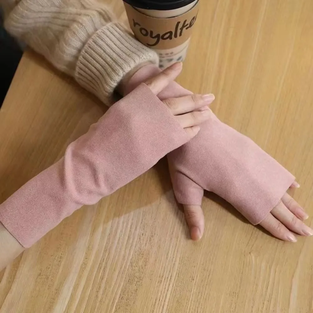 Touch Screen Fingerless Gloves Soft Velvet Solid Color Half Finger Gloves Wrist Palm Protection Velvet Mittens Winter