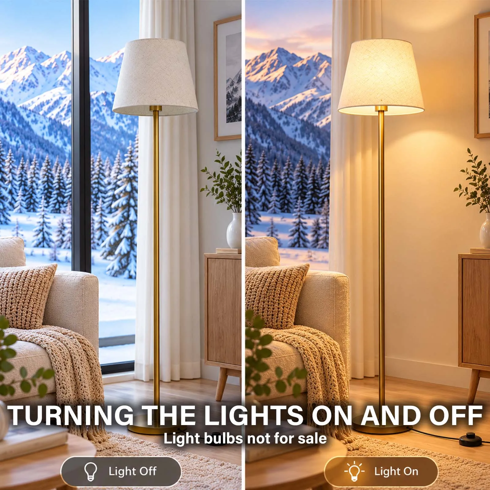 Golden Standing Lamp, Cream Fabric Shade, Standard E27, Foot Switch, Straight Power Plug, Round Base, Warm, Study, Reading